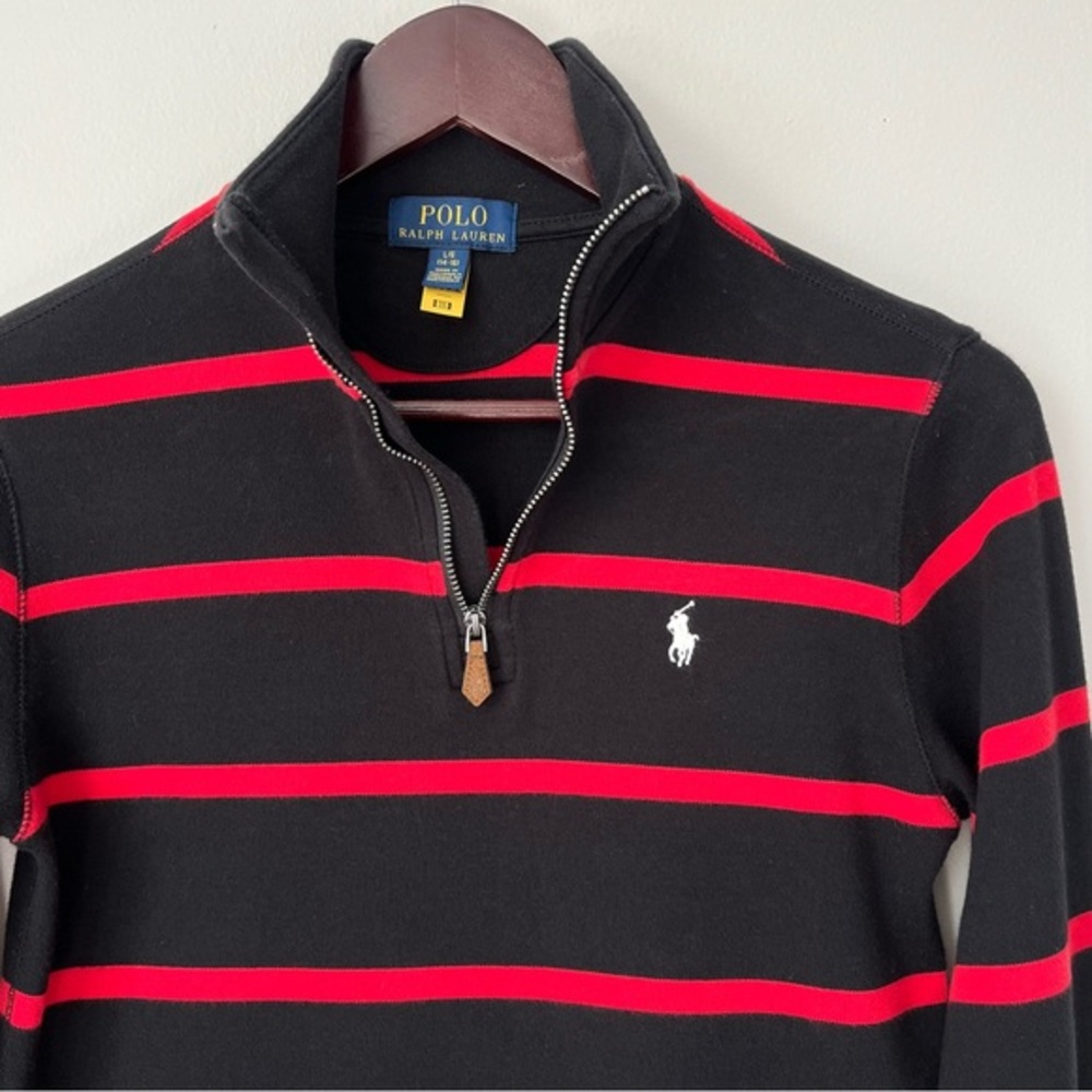 Polo Ralph Lauren Boys L Black Red Striped 1/4-Zip Pullover Sweater Collegiate